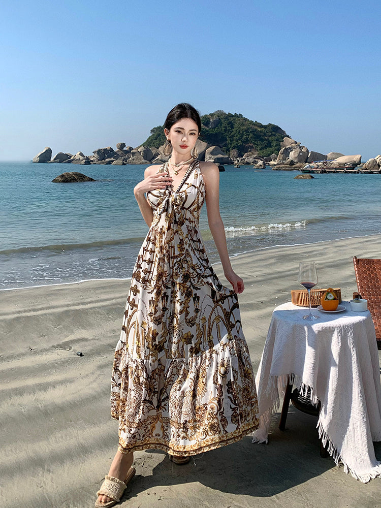 V-neck Printed Maxi Dress _ Beach Vacation Outfit