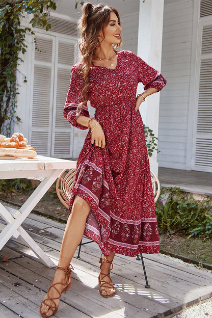 Print Puff Sleeve Loose Maxi Dress