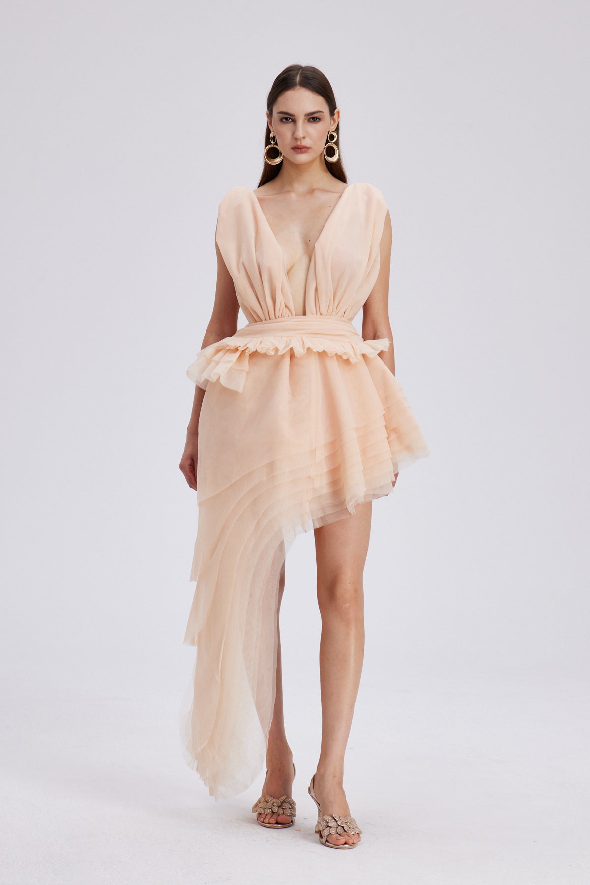 Bosmat Ruch Mesh Asymmetric Mini Dress in Apricot
