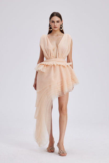 Bosmat Ruch Mesh Asymmetric Mini Dress in Apricot