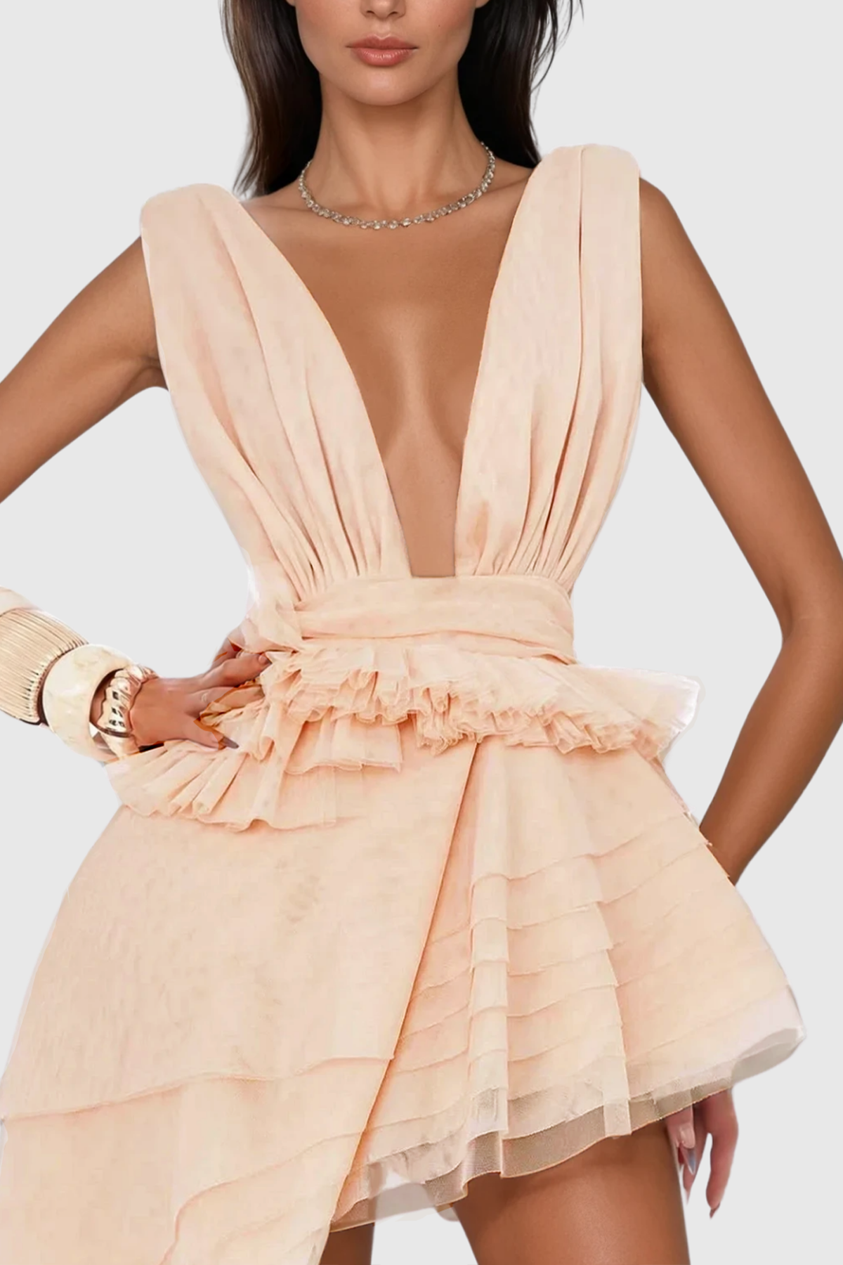 Bosmat Ruch Mesh Asymmetric Mini Dress in Apricot