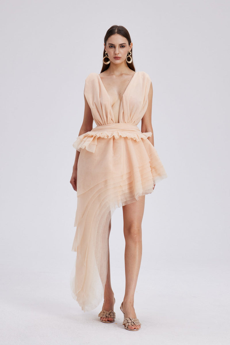 Bosmat Ruch Mesh Asymmetric Mini Dress in Apricot