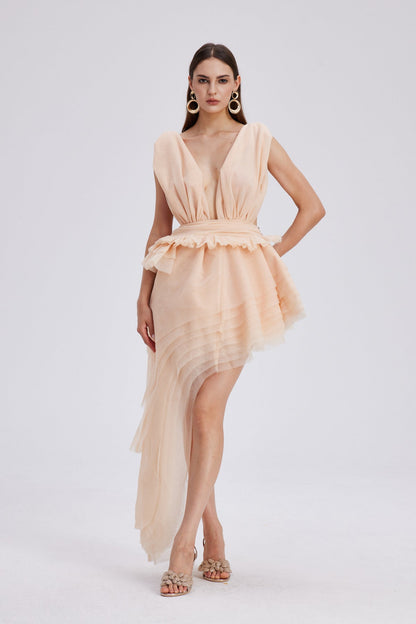 Bosmat Ruch Mesh Asymmetric Mini Dress in Apricot
