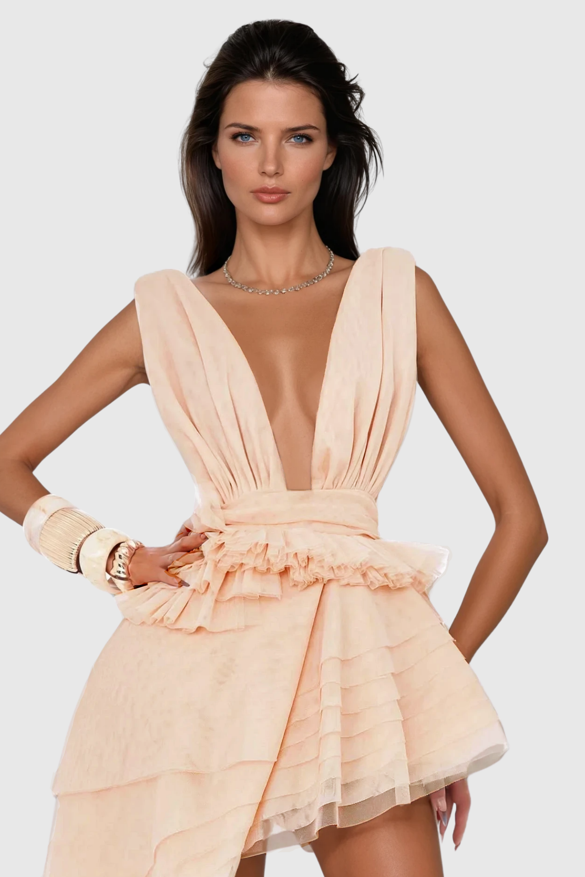 Bosmat Ruch Mesh Asymmetric Mini Dress in Apricot
