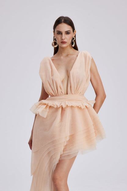 Bosmat Ruch Mesh Asymmetric Mini Dress in Apricot