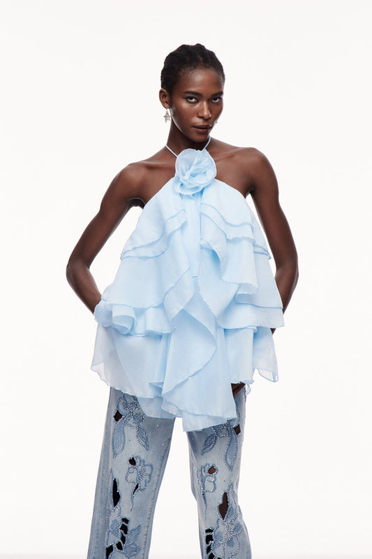 Boudewijn Flower Ruffle Mini Dress in Blue