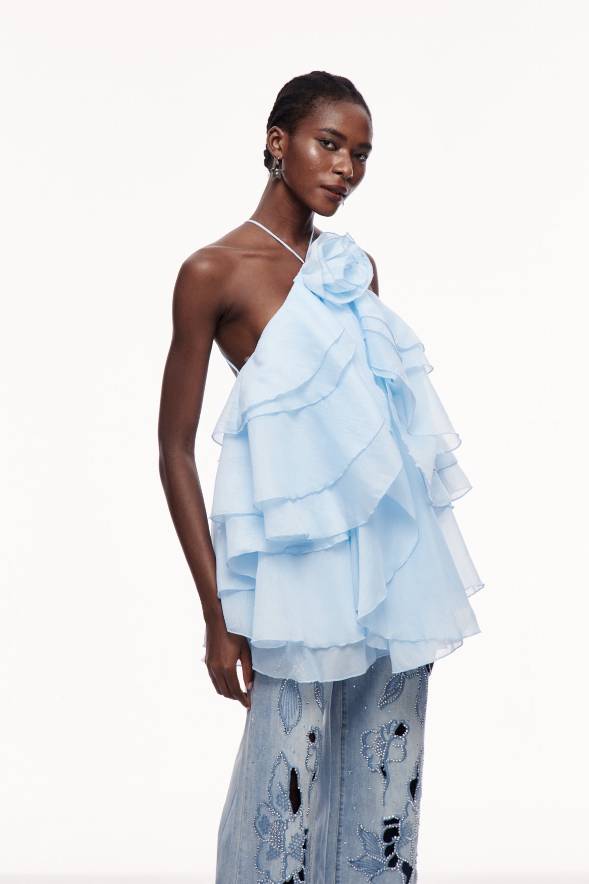 Boudewijn Flower Ruffle Mini Dress in Blue