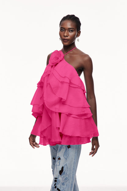 Boudewijn Flower Ruffle Mini Dress in Rose