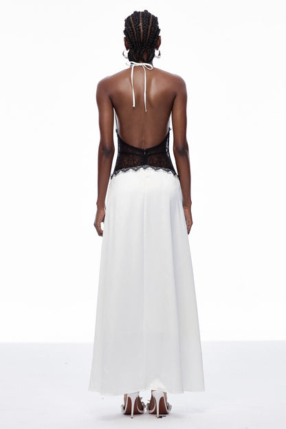 Bowie Lace Plunge Backless Maxi Dress in White