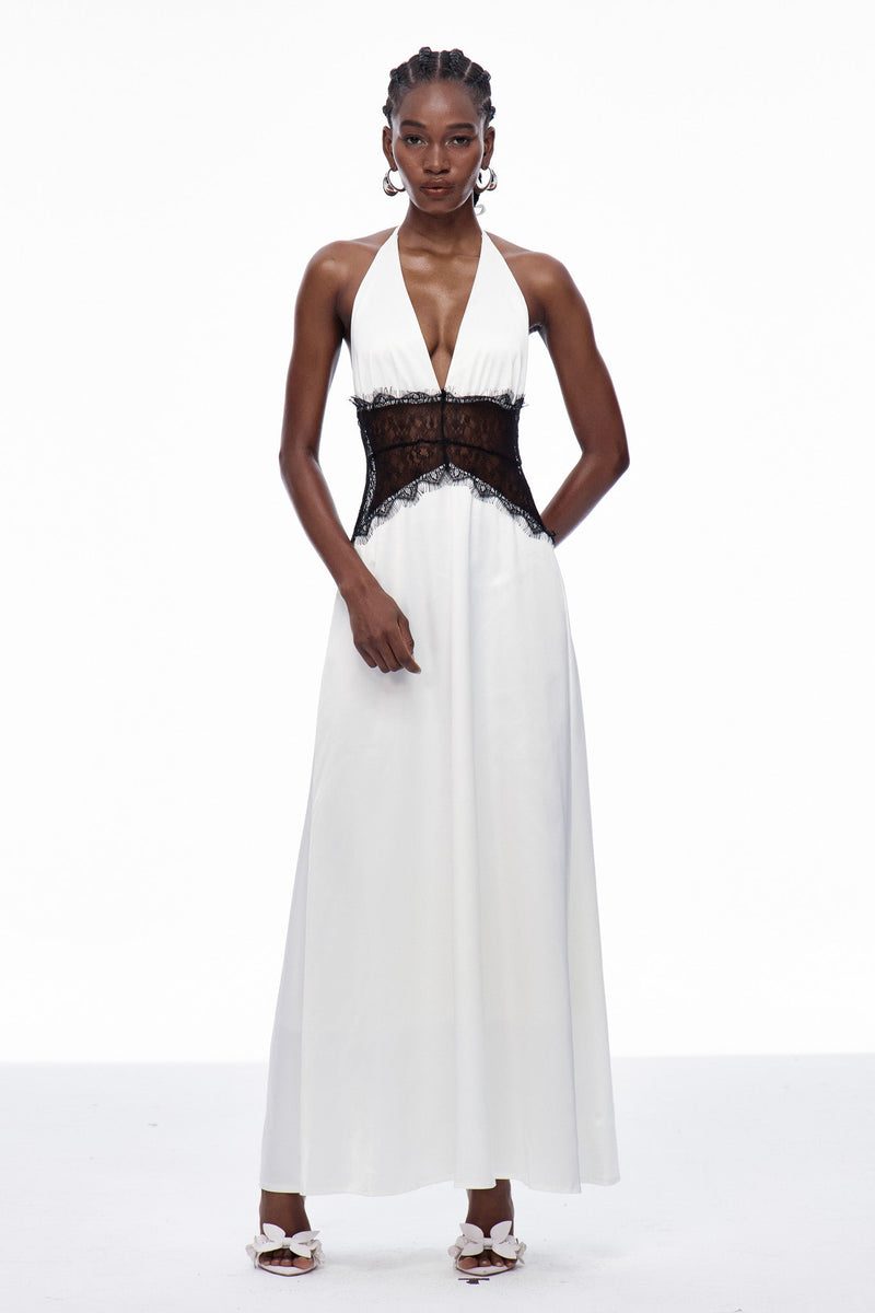 Bowie Lace Plunge Backless Maxi Dress in White