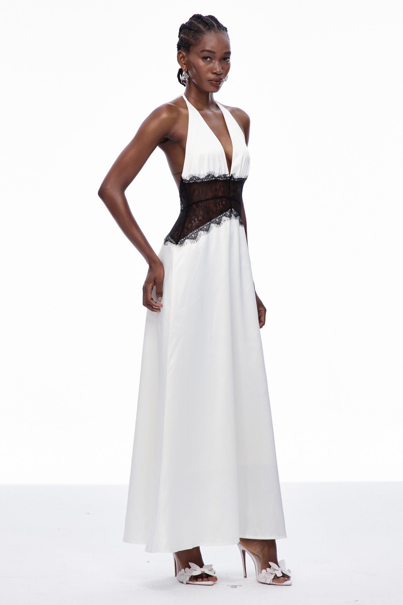 Bowie Lace Plunge Backless Maxi Dress in White