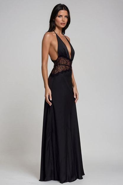 Bowie Lace Plunge Backless Maxi Dress in Black