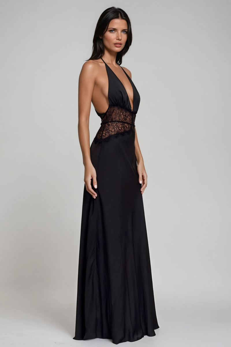 Bowie Lace Plunge Backless Maxi Dress in Black