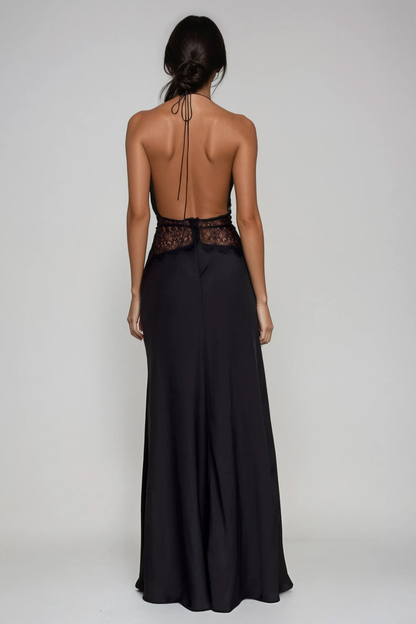 Bowie Lace Plunge Backless Maxi Dress in Black