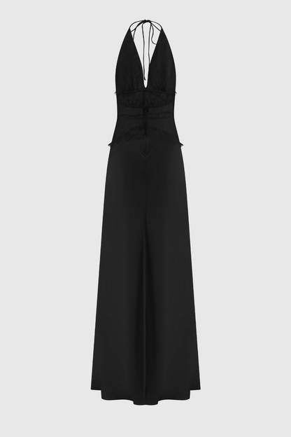 Bowie Lace Plunge Backless Maxi Dress in Black