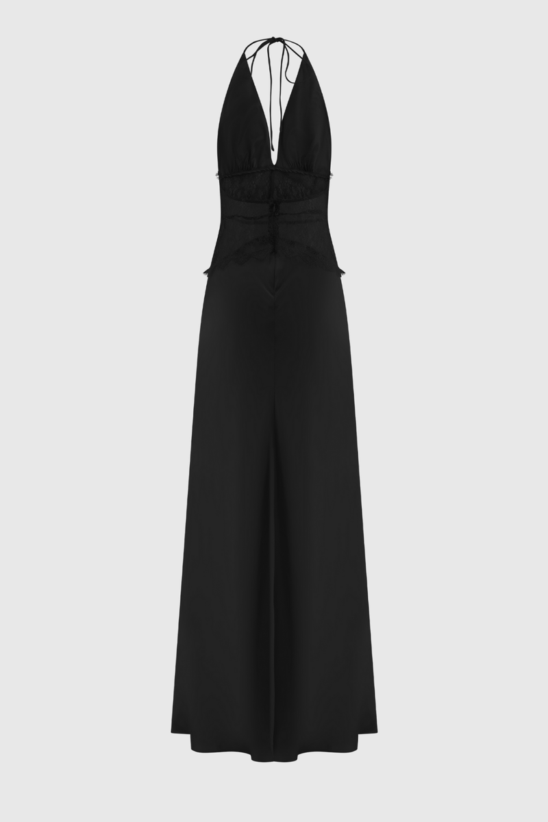 Bowie Lace Plunge Backless Maxi Dress in Black