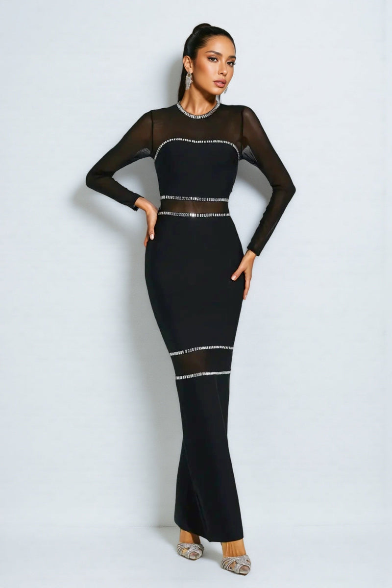 Gema Black Mesh Bandage Maxi Dress