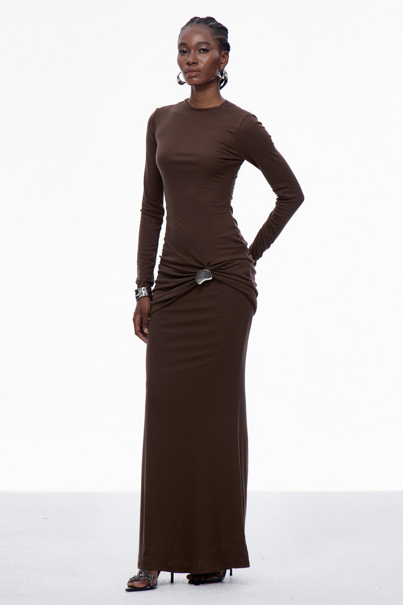 Brandr Ruch Bodycon Maxi Dress in Brown