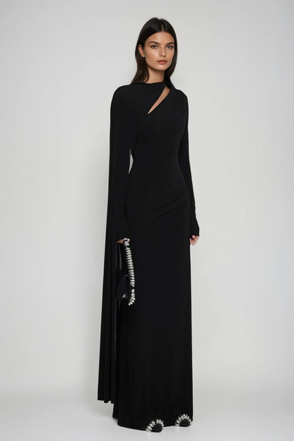 Brandt Cutout Shawl Maxi Dress in Black