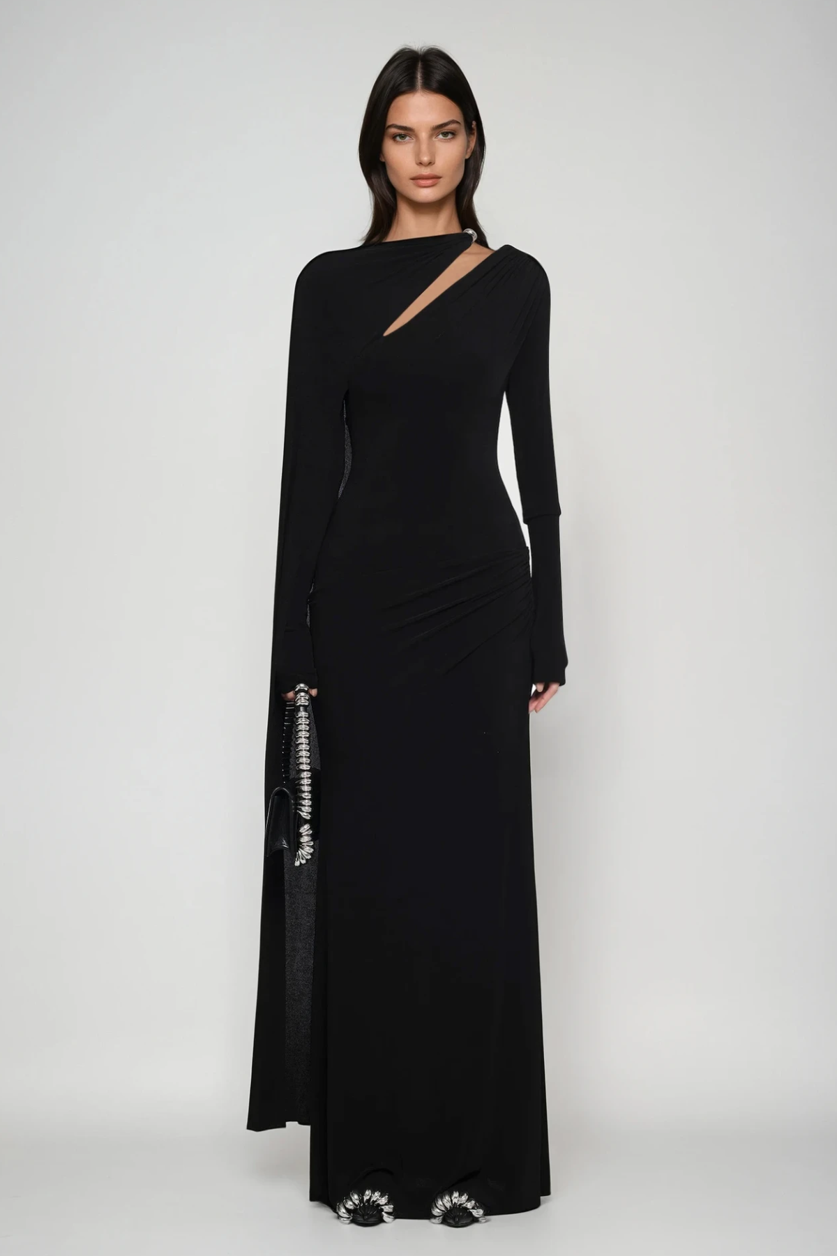 Brandt Cutout Shawl Maxi Dress in Black