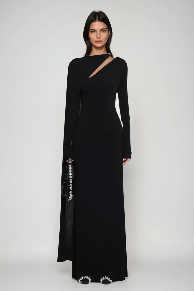 Brandt Cutout Shawl Maxi Dress in Black