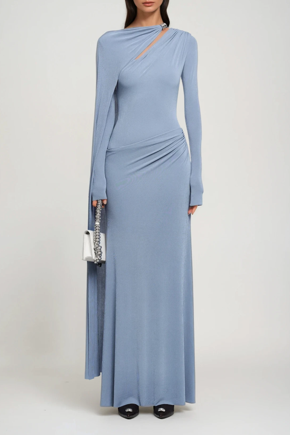 Brandt Cutout Shawl Maxi Dress in Blue