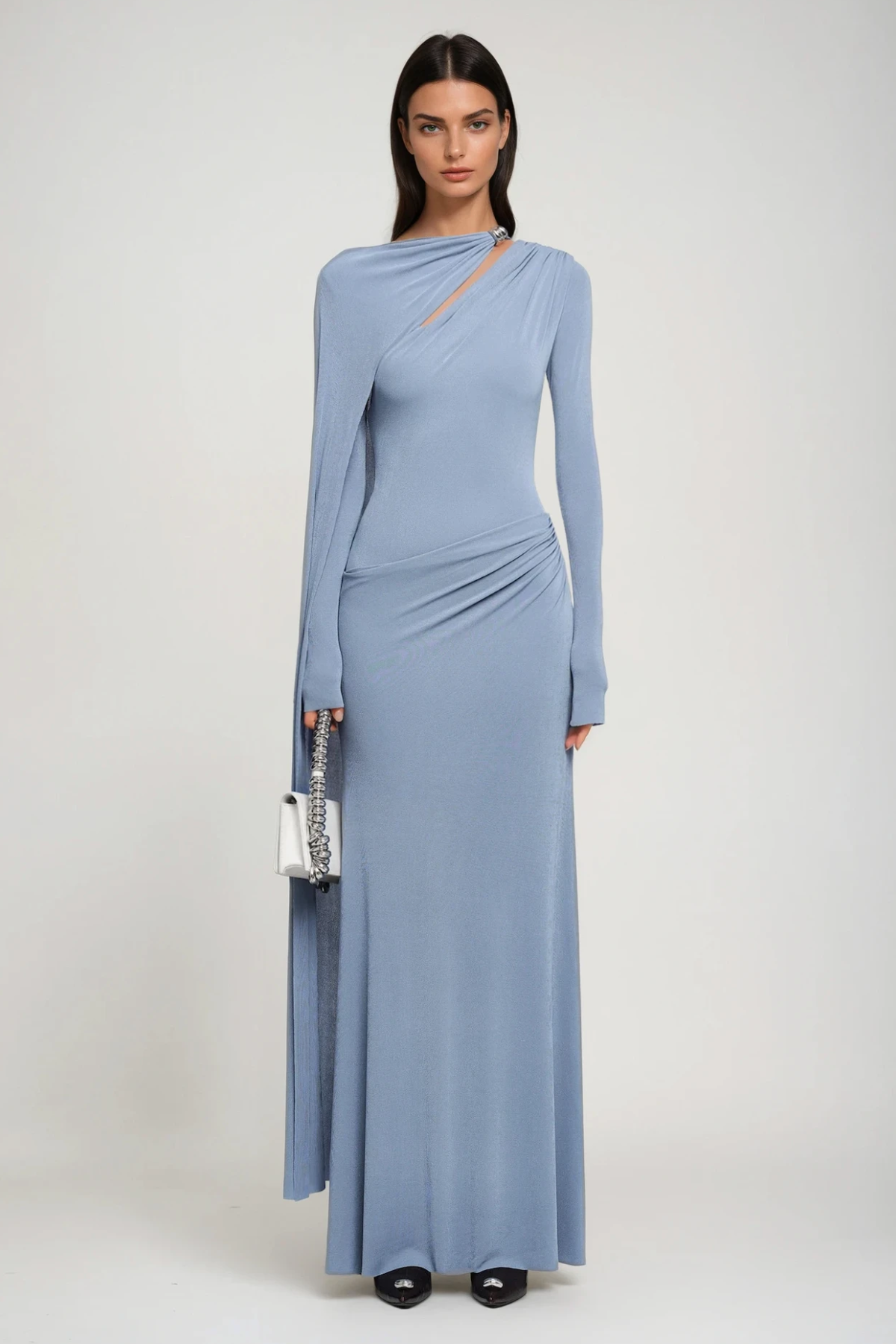 Brandt Cutout Shawl Maxi Dress in Blue