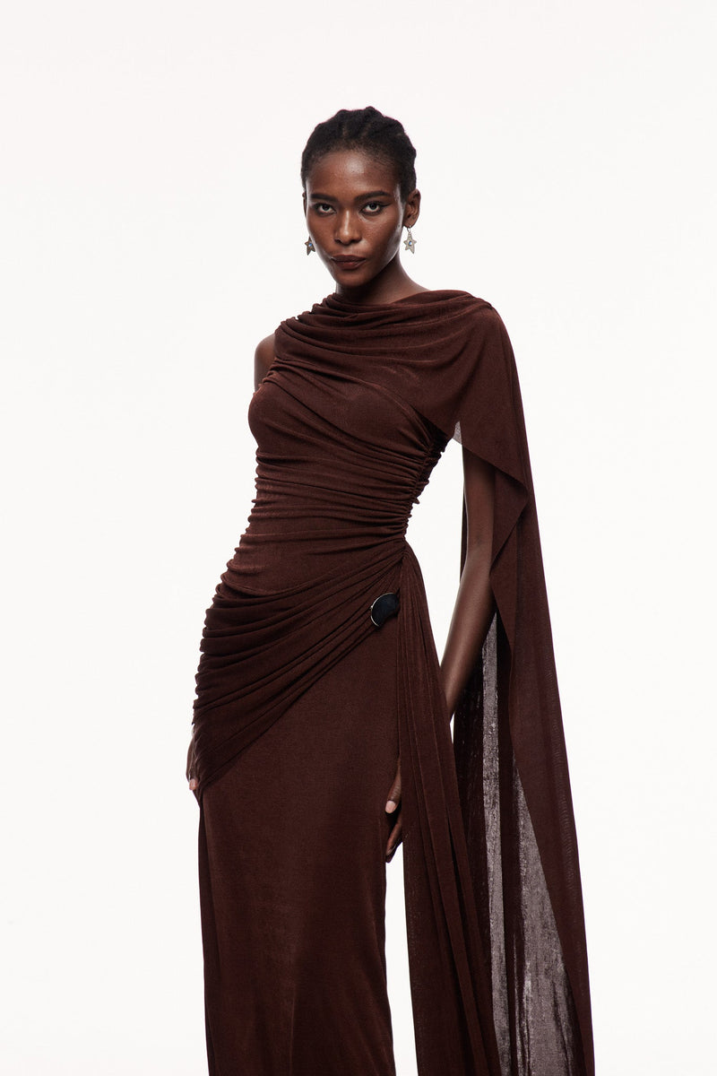 Brandt Ruch Shawl Maxi Dress in Brown