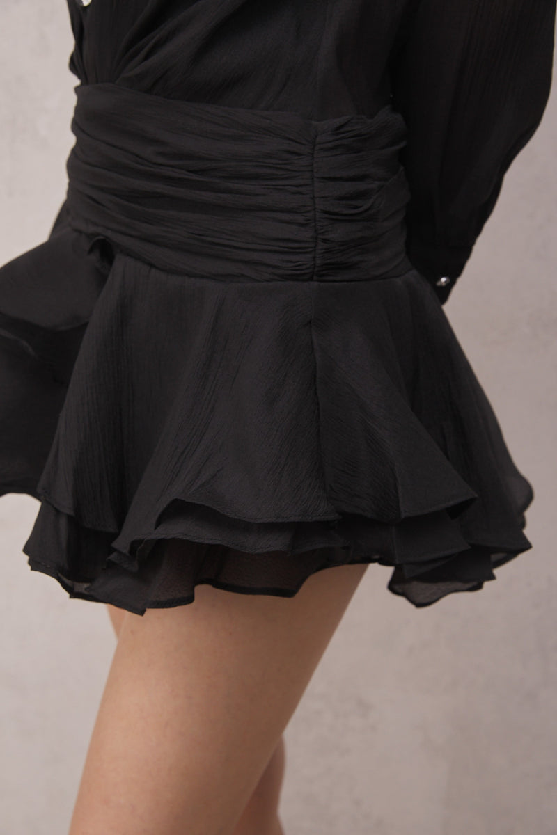 Brinley Ruched Ruffle Mini Dress in Black