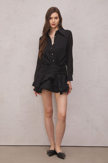 Brinley Ruched Ruffle Mini Dress in Black