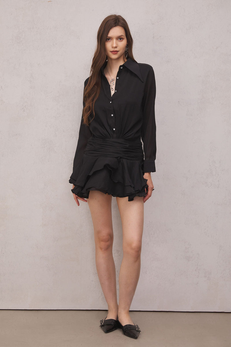 Brinley Ruched Ruffle Mini Dress in Black
