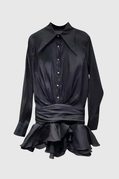 Brinley Ruched Ruffle Mini Dress in Black