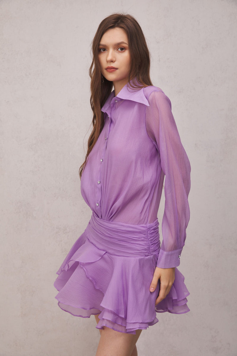 Brinley Ruched Ruffle Mini Dress in Purple