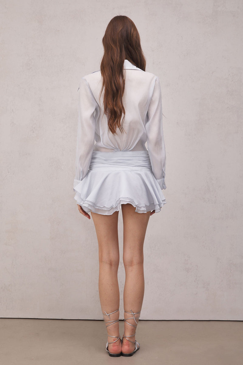 Brinley Ruched Ruffle Mini Dress in White