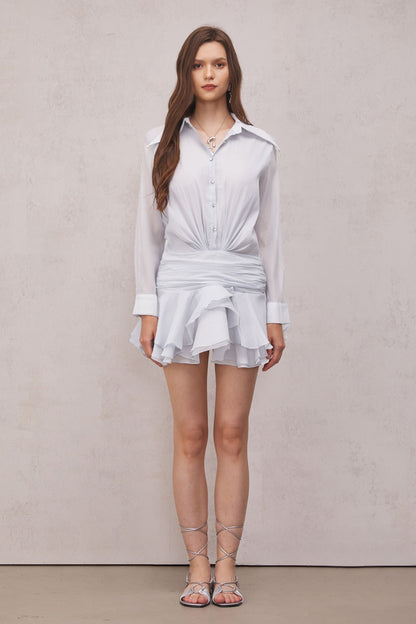 Brinley Ruched Ruffle Mini Dress in White