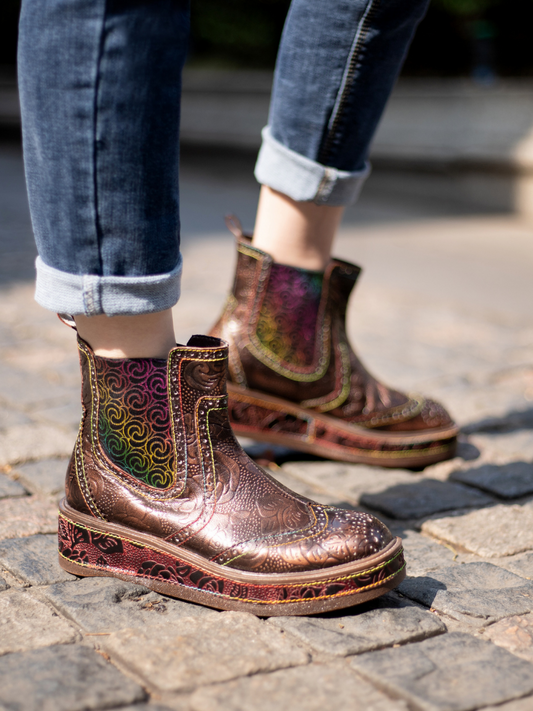 Soffia | Genuine Leather Bronze Rose Embossed Flat Chelsea Boots