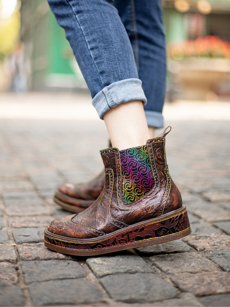 Soffia | Genuine Leather Bronze Rose Embossed Flat Chelsea Boots