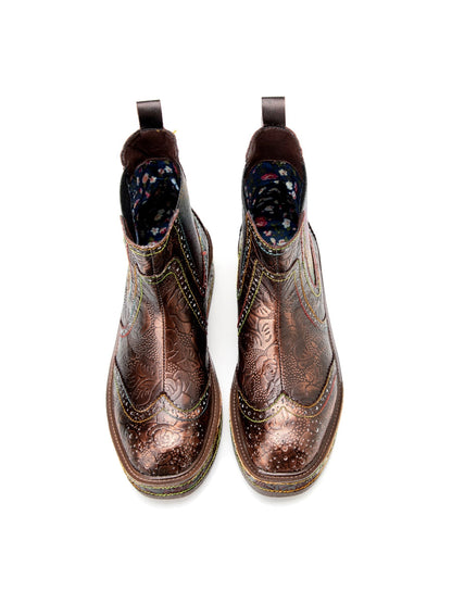 Soffia | Genuine Leather Bronze Rose Embossed Flat Chelsea Boots