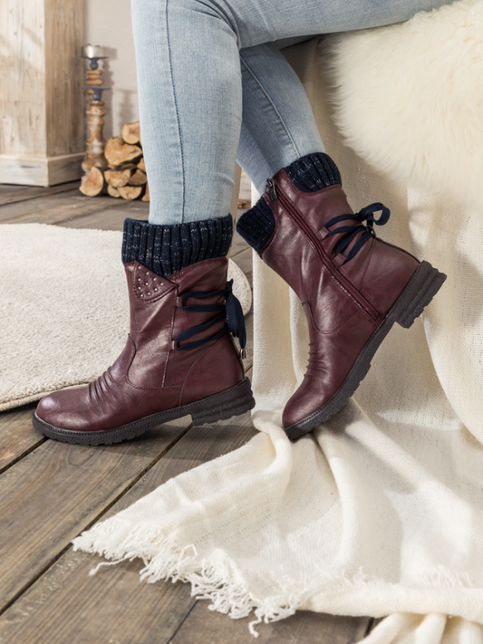 En Bloom | Burgundy Ruched Back Tie-accent Combat Boot