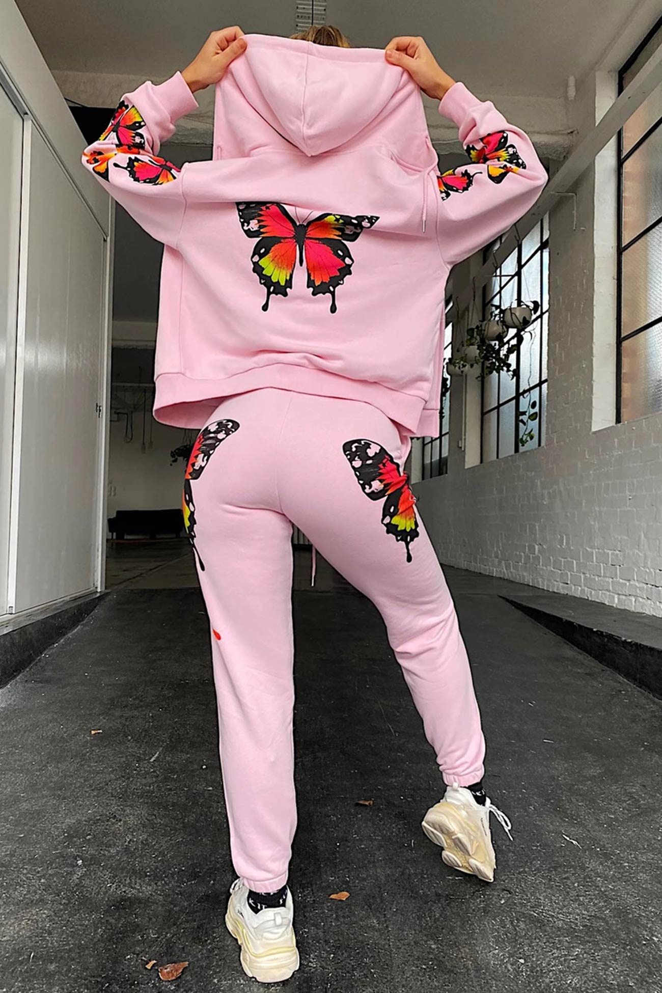 Butterfly Print Zip-up Hoodie Sweatpants Set