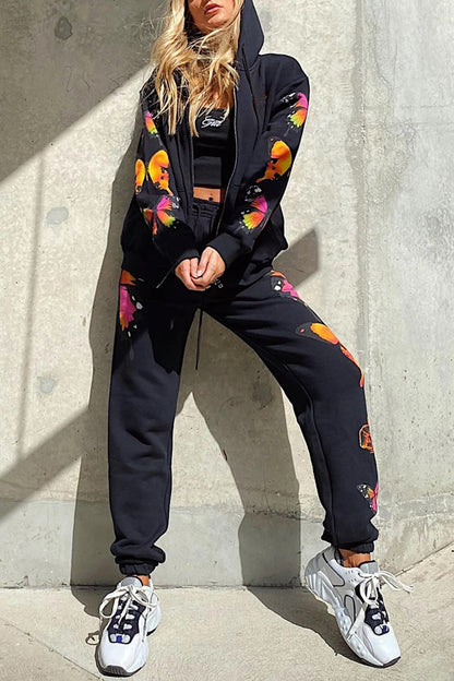 Butterfly Print Zip-up Hoodie Sweatpants Set