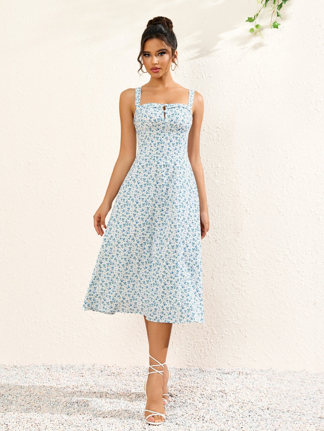 Button Bust Ruched Print Midi Dress