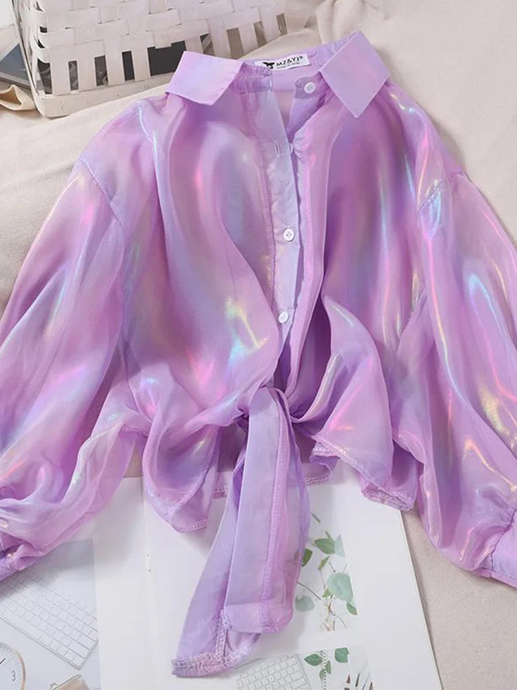 Buttoned Up Shirt Shirts Half Sleeve Shinning Sparkles Tied Waist Blouses for Autumn