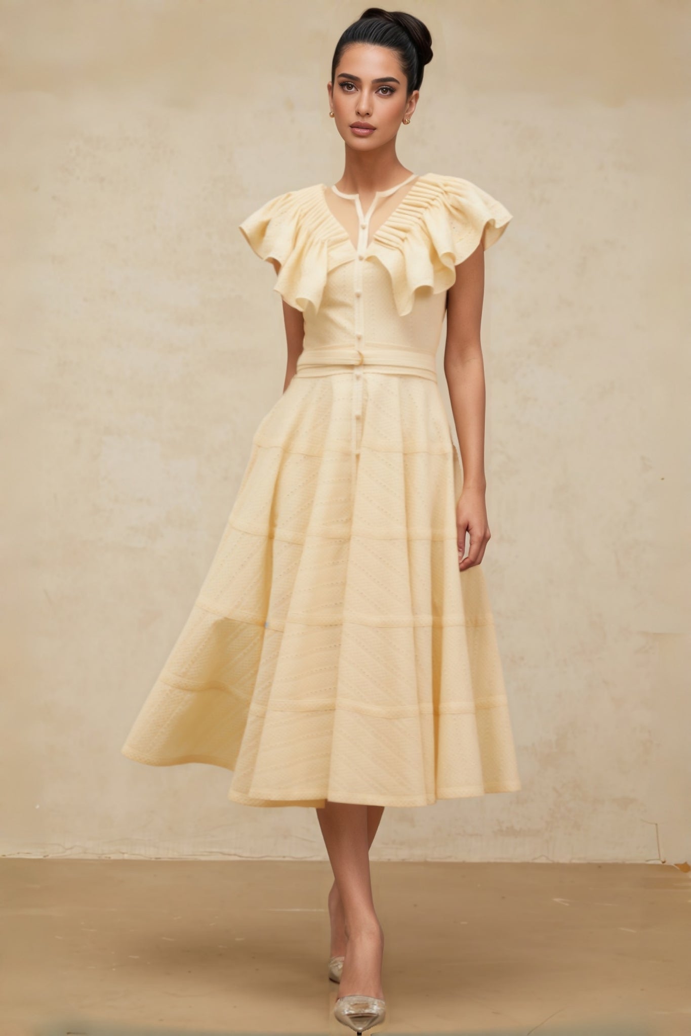 Bren Ruffle V-neck Midi Dress