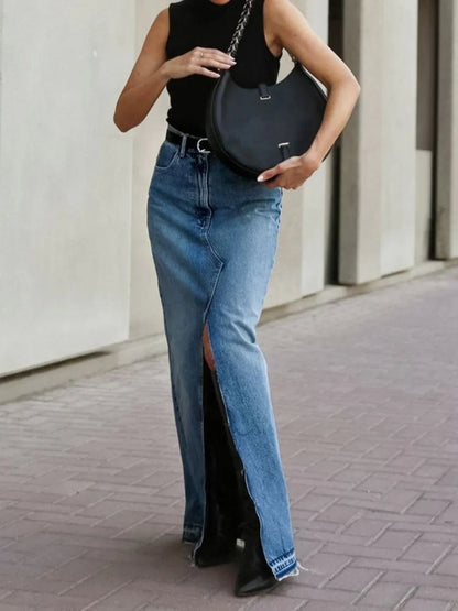 Front Slit Denim Maxi Skirt