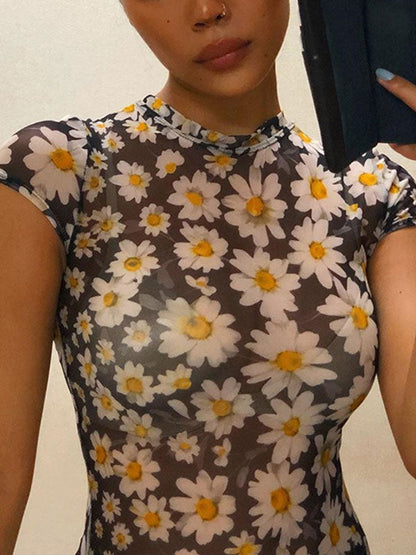 Mesh Slim Maxi Dress With Daisy Print