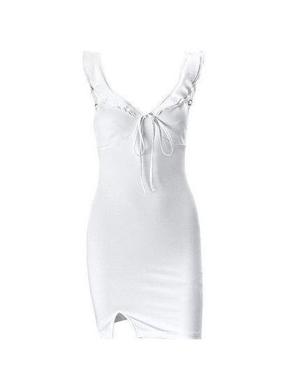 White Split V Neck Mini Dress