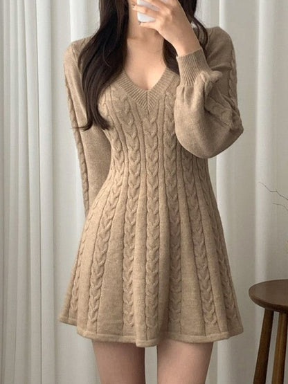 Color Sweet V Neck Cable Knit Long Sleeve Mini Dress