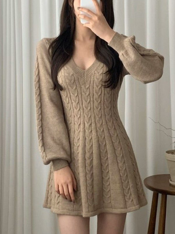 Color Sweet V Neck Cable Knit Long Sleeve Mini Dress