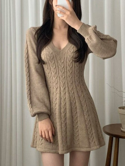 Color Sweet V Neck Cable Knit Long Sleeve Mini Dress